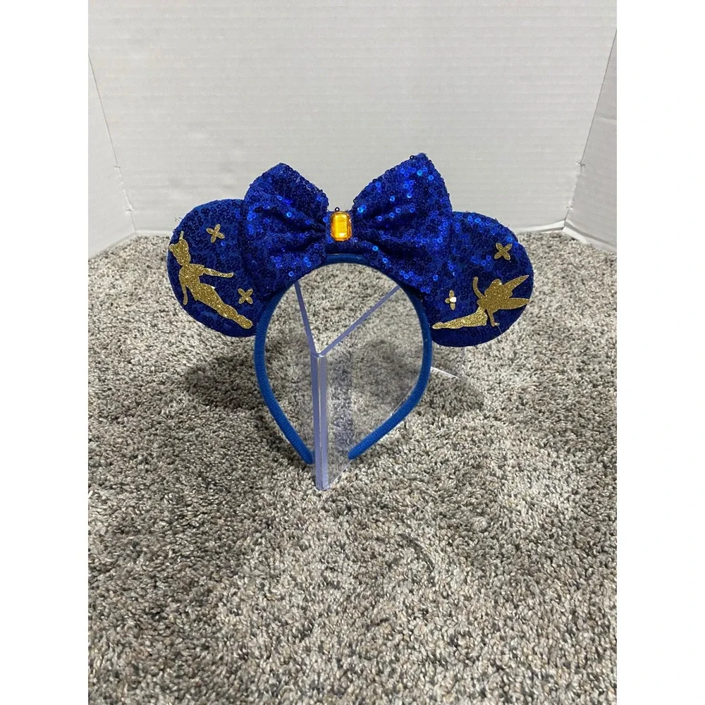 Minnie Mouse Ears Disney Womens Blue Good Tinker Bell Sequin Gem OS